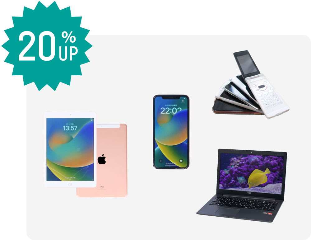 スマホ・携帯電話・ノートパソコン・タブレットの買取価格20%UP